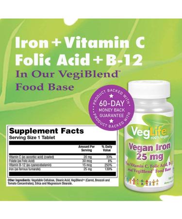 VegLife Vegan Iron 25mg Supplement with Vitamin C, Folic Acid, B-12, and VegiBlend Food Base - Plant Based Iron for Women & Men - 100 Tablets - Buy Online on GoSupps.com