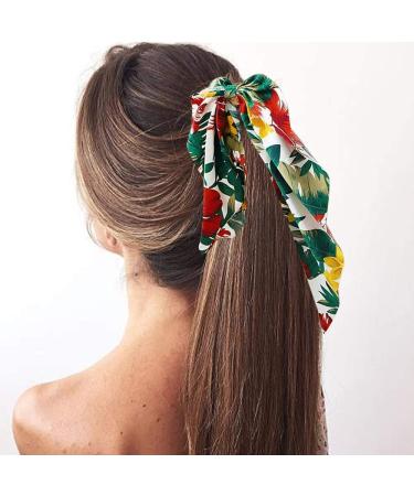 Sunaction Tropical Style Chiffon Floral Scrunchie Scarf Set - 12 Pcs Ponytail Holders with Bows | Flower Pattern Hair Scarf Scrunchies - Buy Online on GoSupps.com
