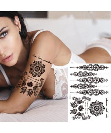 Black Henna Temporary Tattoos Set - Sexy Lace, Indian Mandala, Elephant, Flower Chain Designs - Waterproof Body, Arm, Face Decals for Wedding Party - 6 Sheets - Buy Online on GoSupps.com