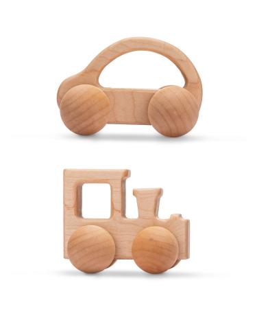 Promise Babe Wooden Rattle Push Car Toys Set Infant Wooden rattles Interesting Toys 2 Pc Baby Vehicle Toys Hand Push Cars Montessori Natural Wood Toys for Newborn Best Gift Car+Truck