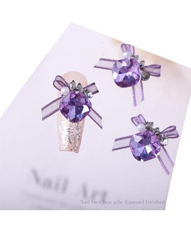3pcs Nail Art With Rhinestones Organza Bowknot Fingernail Decoration For Salon Home Use Nail Accessories Kit crystal purple