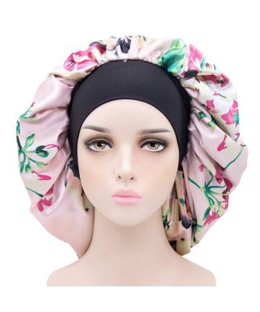 Wide Band Large Satin Bonnet Cap Bonnets for Women Silky Bonnet for Curly Hair Women Hair Wrap for Sleeping Double Layers (Pink Flowers)