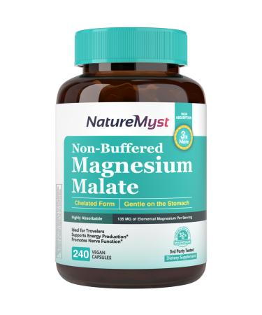 NatureMyst Magnesium Malate Chelated Form Highly Absorbable Non-Buffered Gentle on Stomach for Adults & Children Flexible Dose Energy Production Nerve & Muscle Function 240 Vegan Capsules