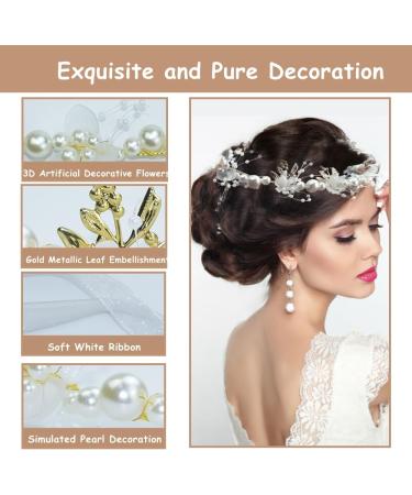 JUNMEIDO 1PC Bridal Headband with Ribbon Wedding Hair Piece Wedding White Flower Simulation Pearl Floral Bridesmaid Hair Pieces Gold Leaf Hair Vine Bridal Tiara for Bride Bridesmaid Girl Photo Party - Buy Online on GoSupps.com
