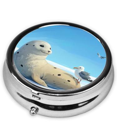 Seal Looking at Seagulls Portable Metal Pill Box - Round Mini 3-Compartment with Hinged Fastening Perfect for Travel & Small Pills - Black - Buy Online on GoSupps.com