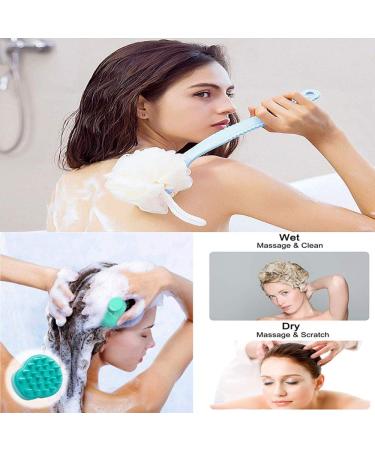 Long Handle Shower Back Scrubber with Bristle & Loofah | Hair Scalp Massager Shampoo Brush | Body Scrubber for Women Men & Pets - Blue - Buy Online on GoSupps.com