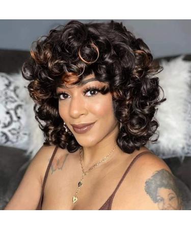 Curly Afro Wig with Bangs Black Mix Brown Kinky Curly Wig Bouncy Fluffy Synthetic Cosplay Party Hair Wig for Women 1B/30