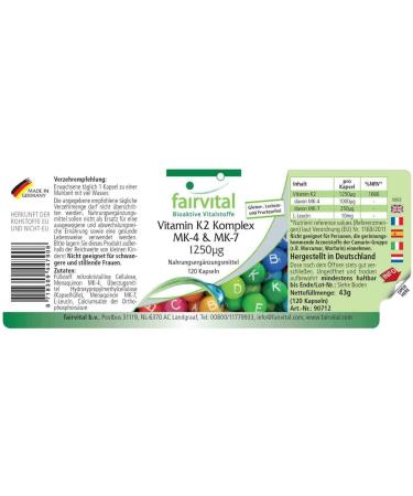 Fairvital | Vitamin K2 Complex - with 1.000mcg MK4 + 250mcg MK7 - Highly Dosed - 120 Capsules - Vegan - Buy Online on GoSupps.com