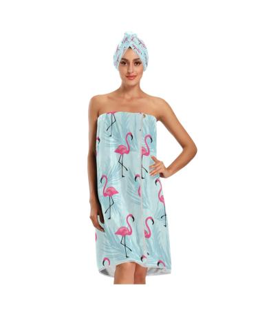 ATTX Flamingo Blue Leaf Towel Wrap with Dry Hair Cap & Headband for Women Women s Comfortable Shower & Bath Wrap with Adjustable Closure