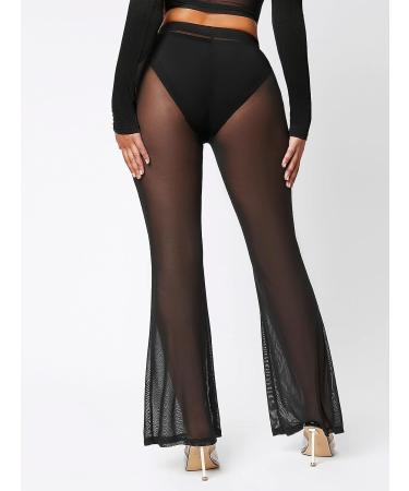 Verdusa Women's Sheer Mesh Elastic Waist Bell Bottom Trousers, X-Large Black - Buy Online on GoSupps.com