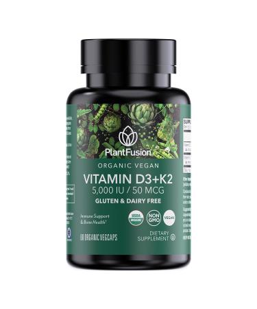 PlantFusion Organic Vegan Vitamin D3 + K2 5 000 IU 50MCG Vitamin D Sourced from Plant Based Lichen and Vitamin K2 for Immune Support and Bone Health - 60 Capsules 60 Count (Pack of 1)