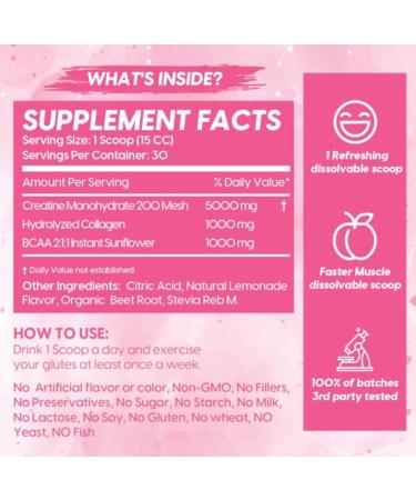 Buy Booty Pump Formula - Pink Lemonade Creatine Blend for Women | BCAAs Collagen Muscle Gain & Booty Growth Enhancer | Grit-Free Creatina Para Mujeres - Buy Online on GoSupps.com