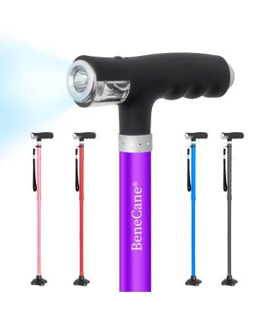 BeneCane Walking Cane for Women Folding Cane for Men with Two Led Lights Quad Cane with Stable Base Lightweight and Adjustable Walking Stick. Purple
