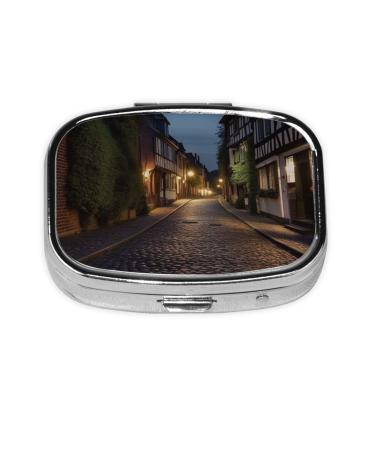 Nighttime The Cobbles at Street Printed Square Pill Box Portable Travelling Pill Box Medicine Organiser
