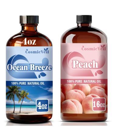 Ocean Breeze Essential Oil 4 Fl Oz (120Ml) and Peach Essential Oil 16 Fl Oz (480Ml) Fragrance Oil for Aroma Diffuser Humidifier Home Fragrance Spa Cleaning Body Care Massage Yoga DIY Candle