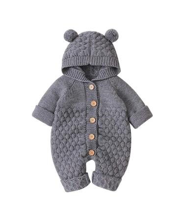 Baby Boy Girl Clothes Long Sleeve Knitted Hooded Romper Bodysuit Onesie Fall Winter Jumpsuit 12-18 Months Gray-Hairball