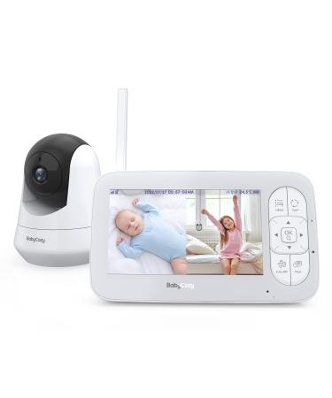 Babycozy Video Baby Monitor with Camera and Audio 5" 720P Display 5000mAh Battery Baby Camera Monitor No WiFi Remote Pan-Tilt-Zoom , Infrared Night Vision, 2-Way Talk and Lullaby Player, Ideal Gift Small 5 inch White