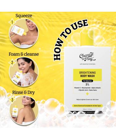Chemist at Play Brightening Body Wash | Glowing Skin Vitamin C Bodywash | Helps to Reduce Fades Dark Spots Evens out Skin Tone | Alpha Arbutin | 30X Vitamin C with Camu Camu | For Women & Men | 236ml - Buy Online on GoSupps.com