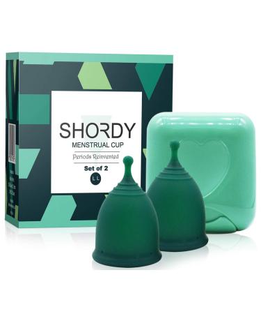 SHORDY REUSABLE Menstrual Cup (Large) Set of 2 with Mini Box 100% Soft Silicone Coupe Menstrual Safe Period Cup Heavy Flow Kit Feminine Hygiene Tampons Pads & Disc Alternative (Green)