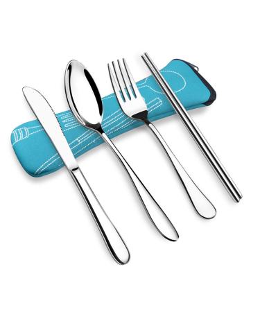 Travel Camping Utensils Set with Case - Fork Knife Spoon Chopsticks flatware4-lightblue