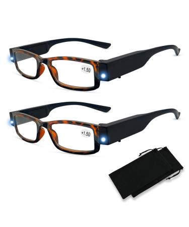 2 Pack Reading Glasses with Lights in the Frame for Men Women Bright LED Readers with Lights Reading Glasses Lighted Magnifier Nighttime Reader Glasses with Lights Black 1.0 x
