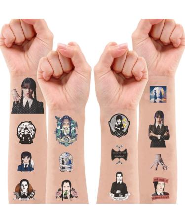 128 Pcs/WednesdayTemporary Tattoos 8 Sheets New Addams TV Show Party Supplies Wednesday/Cartoon Cute Sticker Tattoos Gift for Kids Boys Girls Home Activity Class Prizes Carnival Rewards