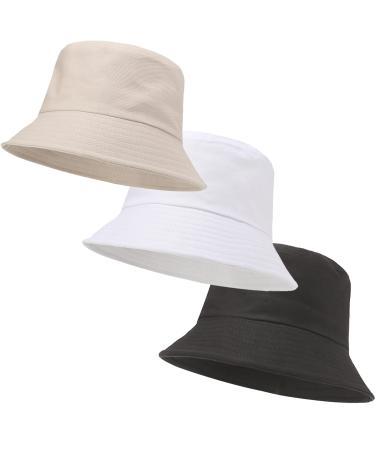 3 Packs Unisex Athletic Bucket Hat Solid Colors Sun Hat with UV Protection for Outdoor Sports Packable Summer Hats One Size 3 Black/White/Beige