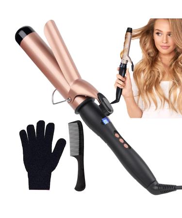 Curling Iron Hair Curling Iron Curling Wand Set with Gloves 38mm Instant Heat Up Hair Curler with LCD Display Adjustable Temperature Auto Shut Off Dual Voltage Rose Gold