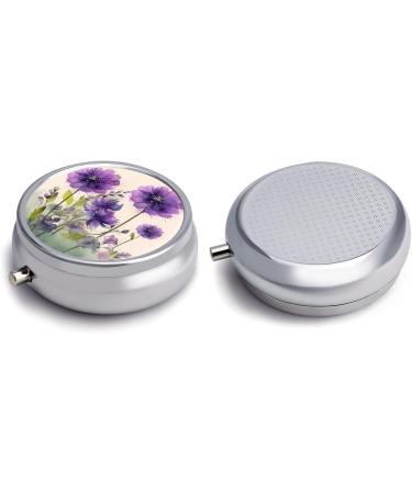 Round Pill Box with Purple Flowers | 3 Compartment Medicine Organizer | Portable Decorative Metal Pill Case - Buy Online on GoSupps.com