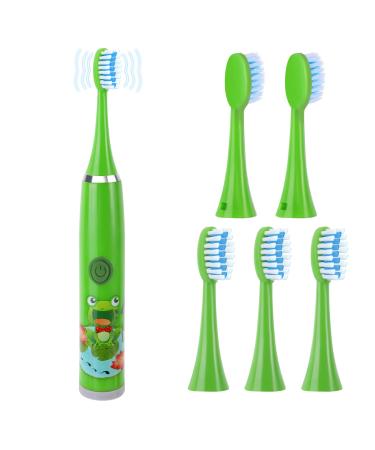 Pwsap Electric Toothbrush Children 3-12 Years Old Dental Care Toothbrush Oral Care Silent Waterproof Battery Children's Electric Toothbrush with 5 Brush Heads Boys & Girls Green