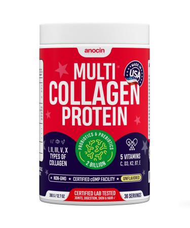 Multi Collagen Peptides w/Prebiotic + Probiotics + Type I II III V X + Hydrolyzed Collagen Powder w/Vitamin C+D3+B7+K2+E Hyaluronic Acid Supports Skin Hair Nail Joint Grass-Fed Non-GMO Multi Collagen (1 Pack)