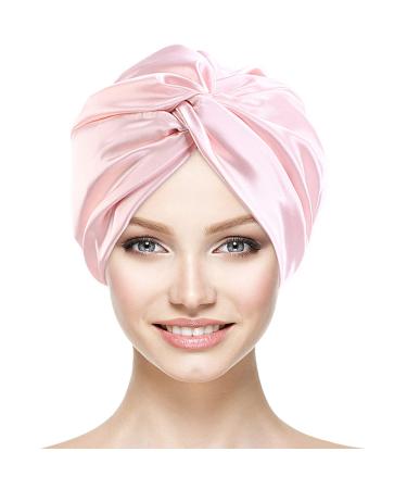 Silk Hair Wrap for Sleeping Mulberry Silk Bonnet Double-Sided Sleep Cap Sleep Turban Hair Bonnet for Curly Hair Women Silk Sleep Cap with Elastic Bow Stay On Head Pink