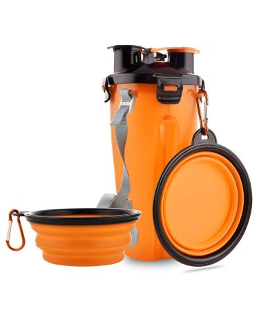 Moacc 800ml portable water bottle and feed bottle 2-in-1 drinking bottle with 2 folding bowls for dogs dog bowl foldable water bowl for camping walking hiking and training (orange)