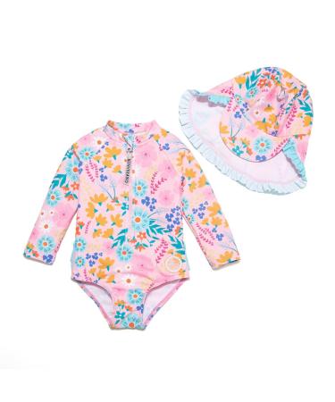 BONVERANO Baby Girls Swimsuit Toddler Bathing Suit Long-Sleeve Zipper One Piece Swimwear with UPF 50+ Sun Protection 2-3 Years Pink Blue