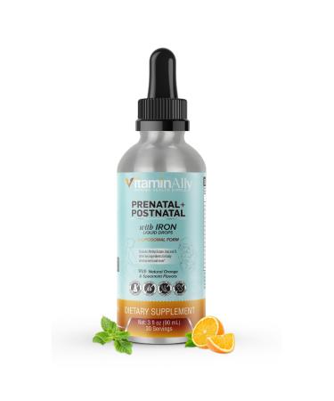 Vitaminally Prenatal + Postnatal liposomal Liquid Drops with Iron | 30 Day Supply | 3 FL Oz | Non-GMO | No Added Sugars | Gluten Free | Easy to Swallow | Supports both Baby development and Mom