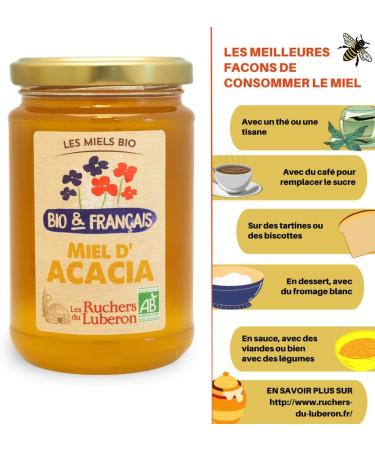 Les Ruchers du Luberon - Organic & French Acacia Honey 400g - 100% Organic - 100% Natural - Naturally Liquid - Unfiltered - Unpasteurized - Buy Online on GoSupps.com