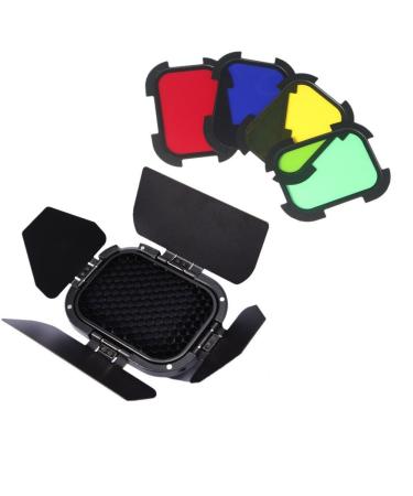Godox BD-07 Barn Door Compatible for Godox AD200 AD200Pro Pocket Speedlite Flash Head, with Detachable Honeycomb Grid and 4 Color Filters