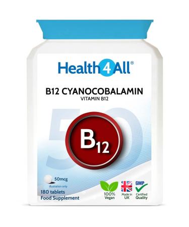 Vitamin B12 Cyanocobalamin 50mcg 180 Tablets (V) Tablets (not Capsules) Vegan. Made in The UK by Health4All. 180 Count (Pack of 1) - Buy Online on GoSupps.com