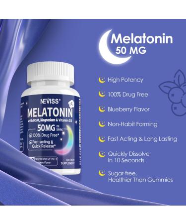NEVISS Melatonin 50 mg for Adults - Extra Strength 9-in-1 Fast Dissolve Sublingual - High Dose with Magnesium Glycinate Vitamin D3 Ashwagandha Lemon Balm Chamomile Sugar Free Vegan 120 Tablets 60 Count (Pack of 2) - Buy Online on GoSupps.com