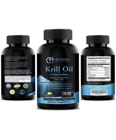 Antarctic Krill Oil 1600mg with Astaxanthin 2mg- Omega 3 Fatty Acids EPA DHA- Supports Healthy Joints, Hair, and Skin- Lemon Flavored Non GMO - 60 Softgels - Buy Online on GoSupps.com