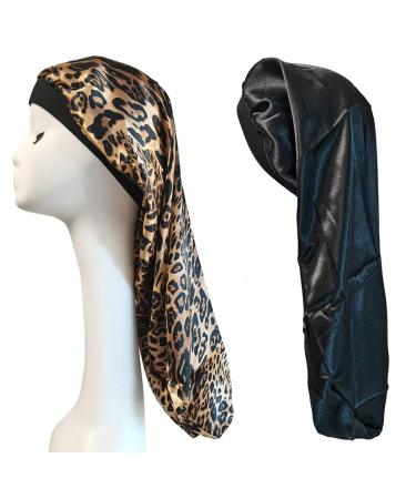 Extra Long Satin Bonnet for Braids 2PCS Dreadlock Covers Night Sleep Caps for Women Long Curly Hair Locs Twists(Black+Leopard)