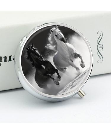 Stylish Round Pill Box with Black and White Horses - 3 Compartment Portable Medicine Organizer - Decorative Metal Pocket Pill Case - Buy Online on GoSupps.com