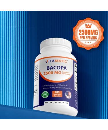 Vitamatic Bacopa Monnieri 2500 mg Equivalent Per Serving (from 10:1 Extract 250 mg) Nootropic Herbal Supplement - 50% Bacosides, Non-GMO & Gluten Free - 180 Vegetable Capsules - Buy Online on GoSupps.com
