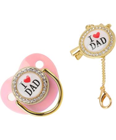 Pink Baby Pacifier with Chain Clip | 6-18 Months Infant Dummy Pacifier | Bling I Love Dad Pattern | Newborn Soother - Buy Online on GoSupps.com