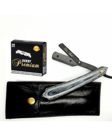 Grey Wood Razor + 100 Half Derby Interchangeable Blades + Leather Pocuh for Men Men's Razor set for Barber and hair dresser