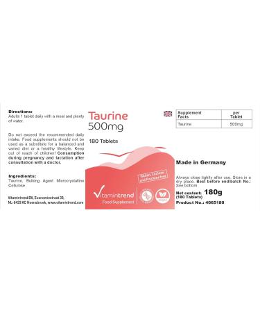 Taurine 500mg - 180 Tablets | Vegan High-Dose Supplement | 6-Month Supply | Buy Online at Vitamintrend  - Buy Online on GoSupps.com