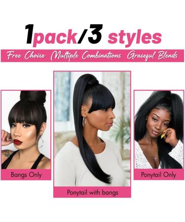 Kinky Straight Ponytail Extension with Bangs for Black Women Yaki Straight Wrap Arpund Pony Tail Hair Clip in Ponytail Extension Magic Paste Natural Looking Hair Hairpiece for Daily Party Use (Black) 20 inches Black - Buy Online on GoSupps.com