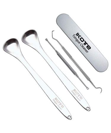 IKOTE Tongue Scraper Cleaner Surgical Grade Stainless Steel (Pack of 2) Professional Eliminate Bad Breath Help Your Oral Hygiene Tongue Scraping Cleaner Equipped with a Tooth Pick and an Ear Pick