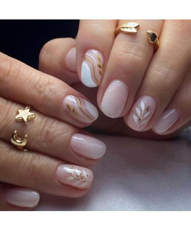 SINLOV Short Square Fake Nails Flower Glossy Press on False Nails Pink Nude Crystal Ballerina Artificial Finger Nails French Full Cover False Nails for Women and Girls