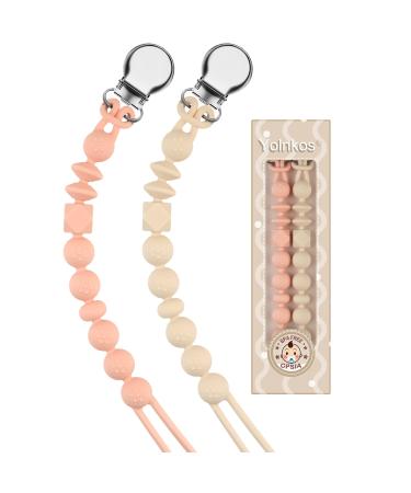 Yolnkos Pacifier Clip Paci Holder Baby Girls Boys Silicone Teething Relief One-Piece Soothie Binky Clips with Texture Soft Flexible Teether Toys Birthday Christmas Shower Gift 2 Pack (Oatmeal Peach) A (Oatmeal Peach)